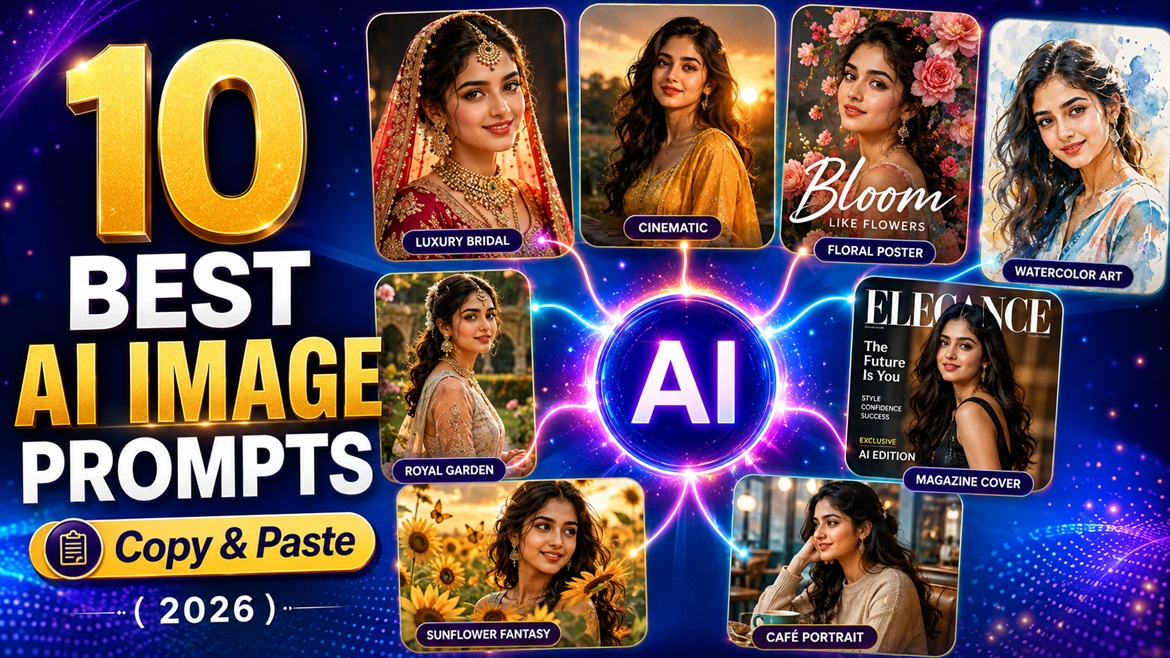 Best AI Image Prompts 2026 featuring 10 viral AI portrait styles including bridal, cinematic, editorial, floral, and fantasy image transformations.