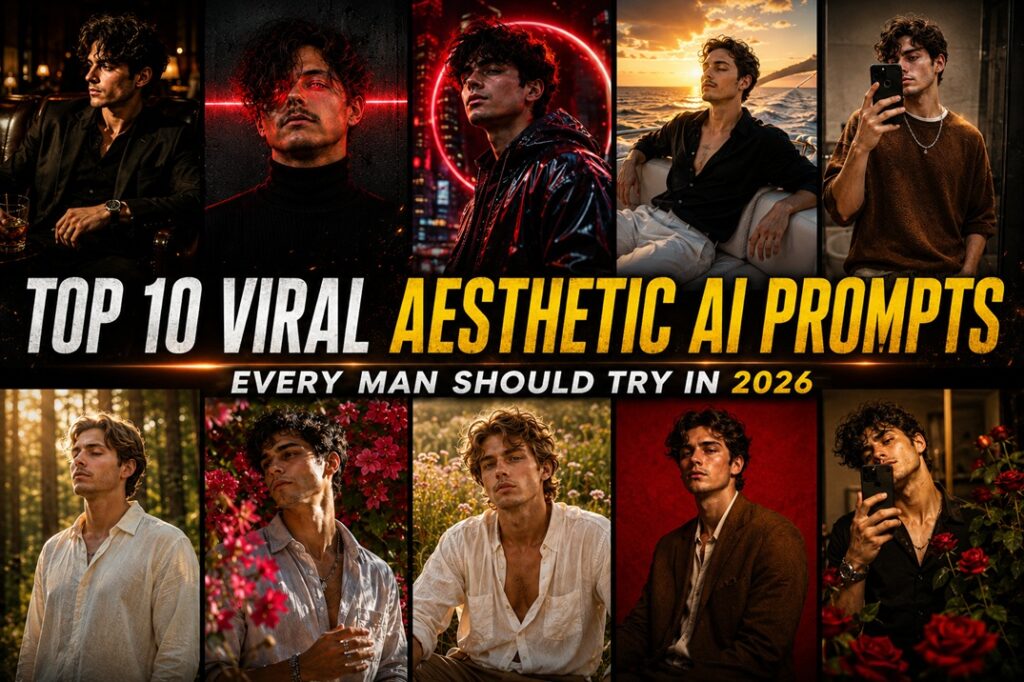 Collage showcasing 10 aesthetic AI portrait styles for men including cinematic, cyberpunk, luxury lifestyle, mirror selfie, and editorial photography prompts.