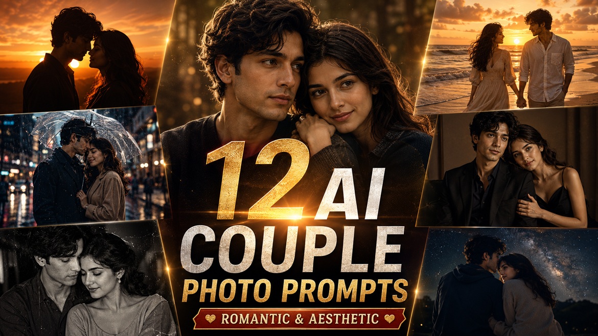 Romantic couple posing together in a cinematic collage featuring golden hour, beach sunset, rainy city, vintage, studio, and night-sky AI photoshoot styles.