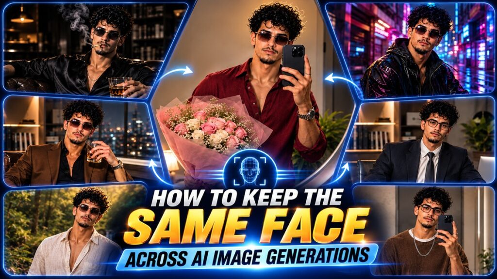 Guide showing how to keep the same face across AI image generations using ChatGPT Images and other AI image generators.