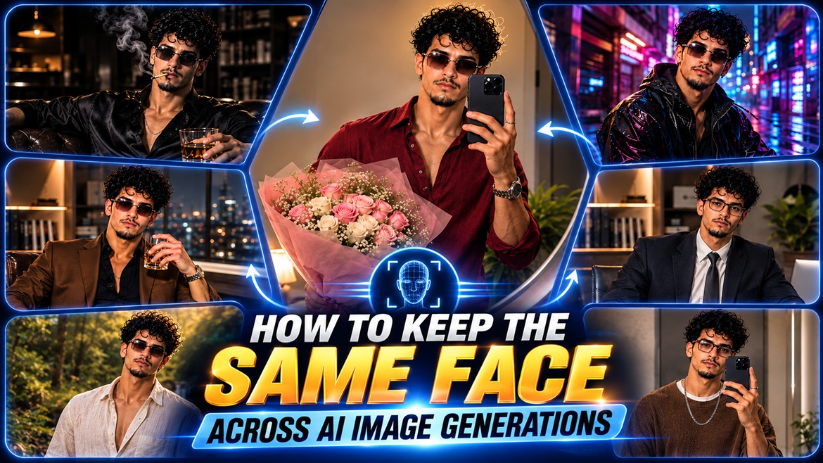 Guide showing how to keep the same face across AI image generations using ChatGPT Images and other AI image generators.