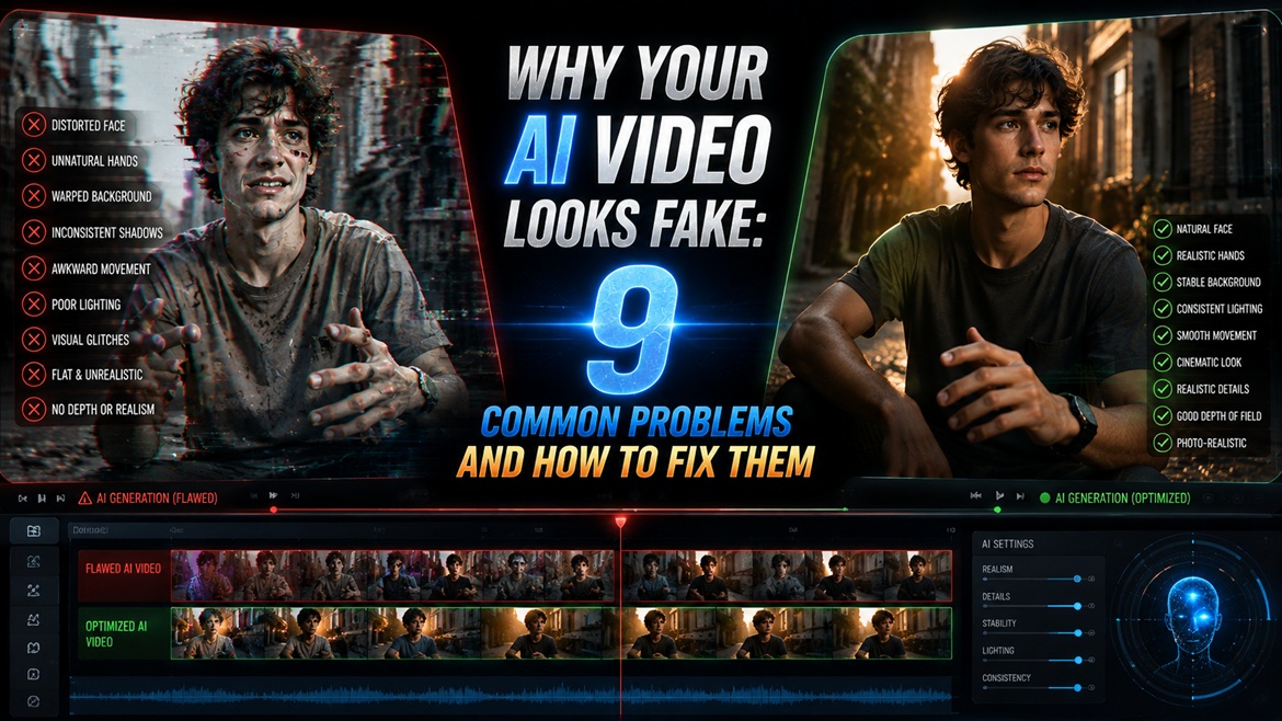 Comparison of a fake-looking AI video with distorted motion and a realistic AI video with natural movement and consistent lighting