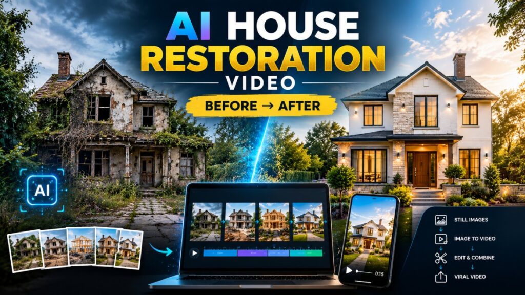 AI house restoration video showing an abandoned home transforming into a modern renovated house