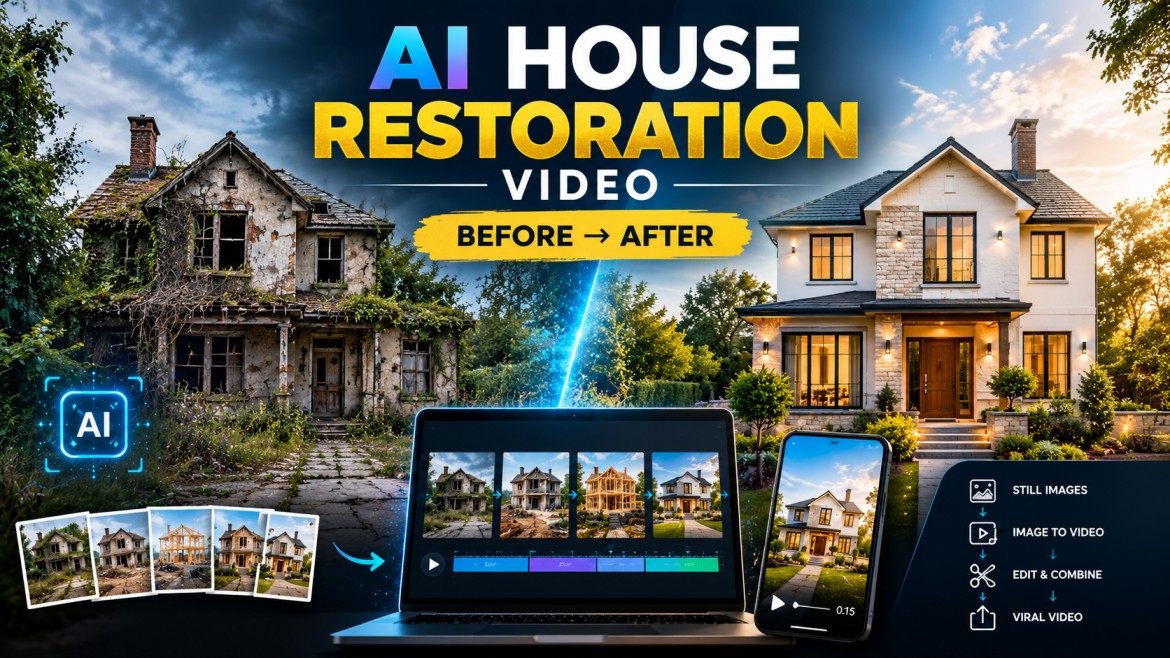 AI house restoration video showing an abandoned home transforming into a modern renovated house