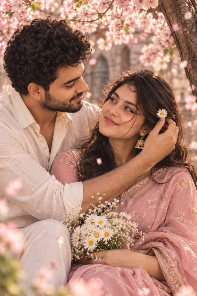 Pinterest inspired AI Couple Photo Prompts for chatgpt 9 8. Cherry Blossom Flower Moment