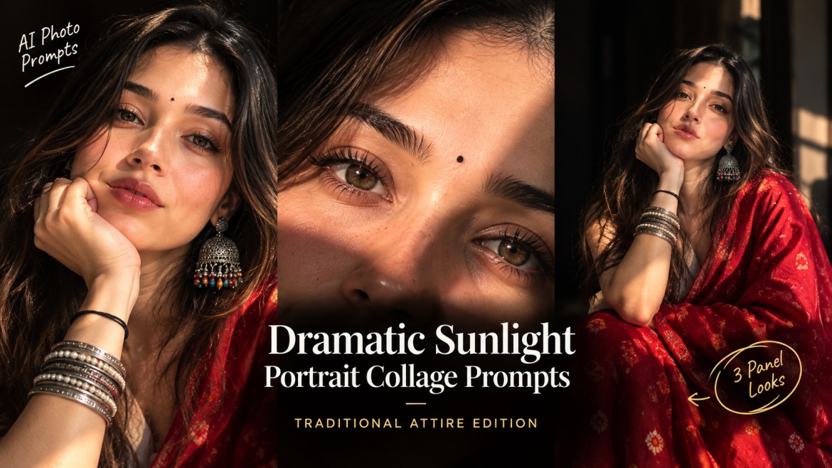 Dramatic three-panel AI portrait collage featuring traditional Indian attire and cinematic window sunlight