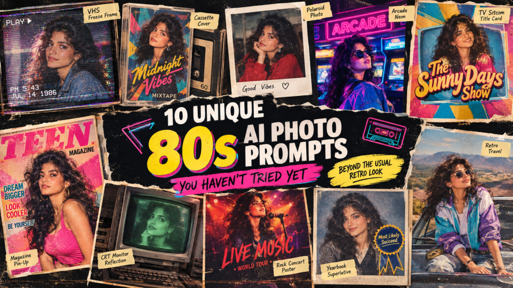 10 unique 80s AI photo prompts featuring VHS, cassette, Polaroid, CRT and retro arcade styles