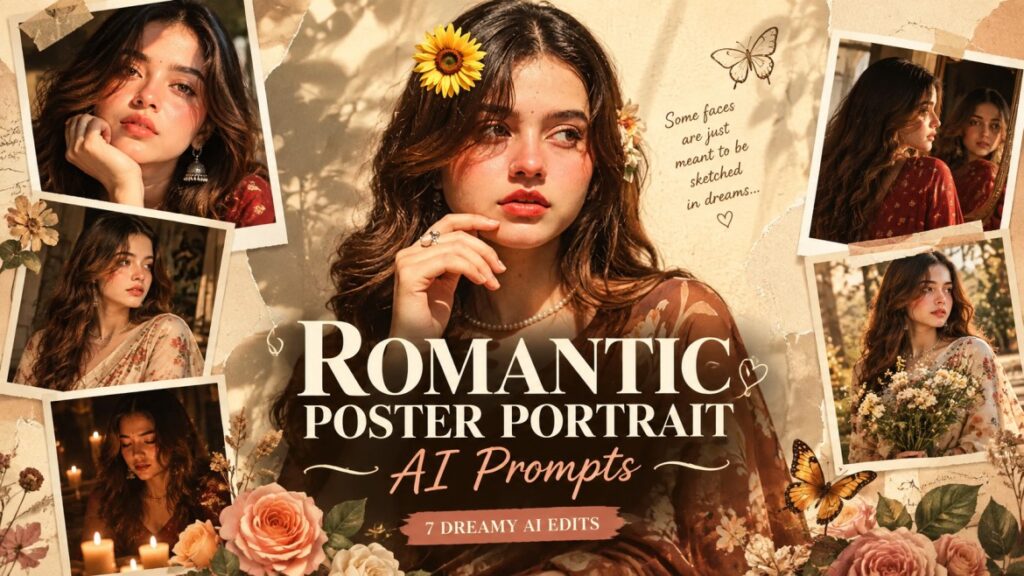Romantic poster portrait AI prompts with floral collage and butterflies