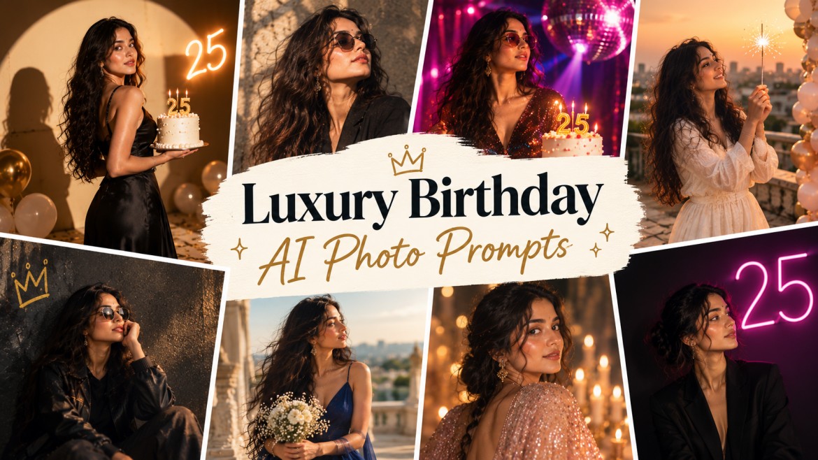 Luxury birthday AI photo prompts featuring cinematic birthday portraits, cakes, balloons, sparklers, neon numbers, and retro-inspired birthday scenes