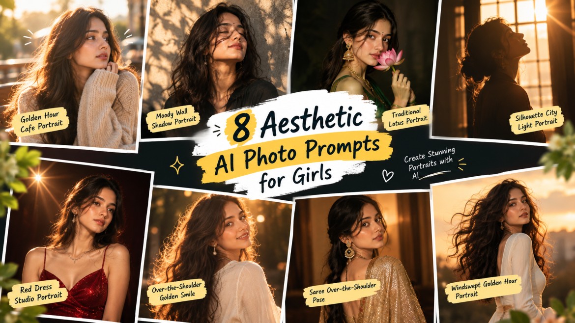 8 aesthetic AI photo prompts for girls featuring cinematic, golden-hour, saree, studio and high-fashion AI portraits