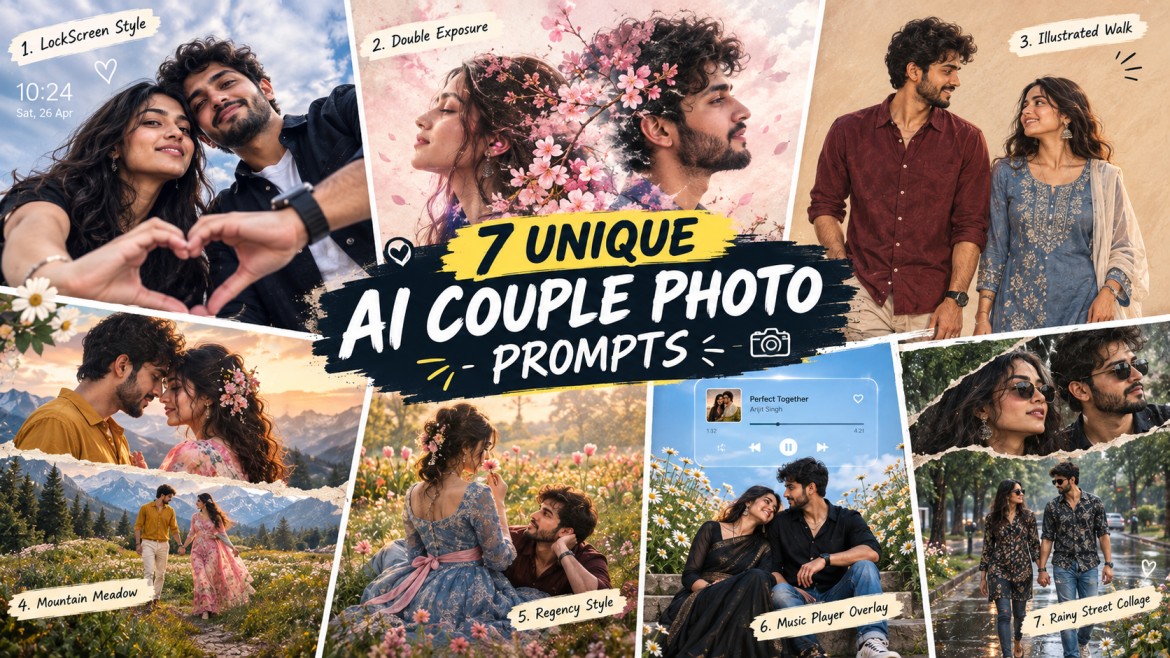 7 unique AI couple photo prompts showing creative romantic couple image styles