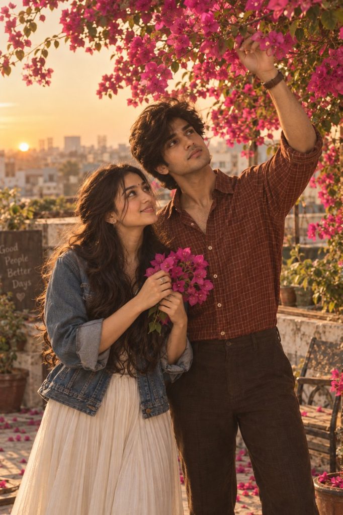 Pinterest inspired AI Couple Photo Prompts for chatgpt 7 6. Bougainvillea Rooftop Couple