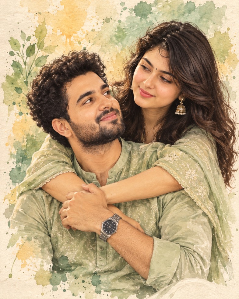 Pinterest inspired AI Couple Photo Prompts for chatgpt 3 2. Watercolor Couple Portrait