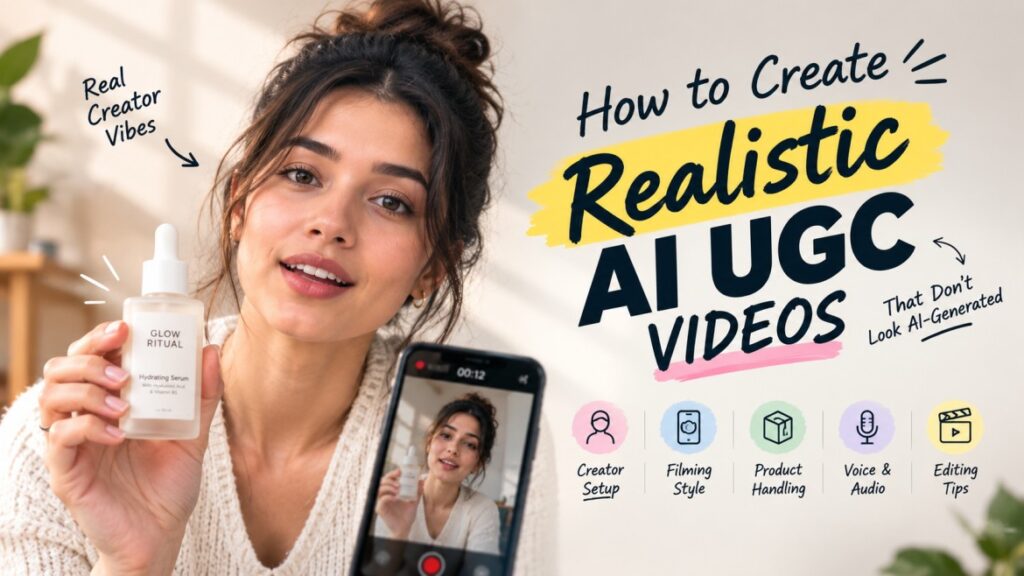 Research-style graphic showing common AI UGC realism problems including product, hands, face, voice, and video continuity