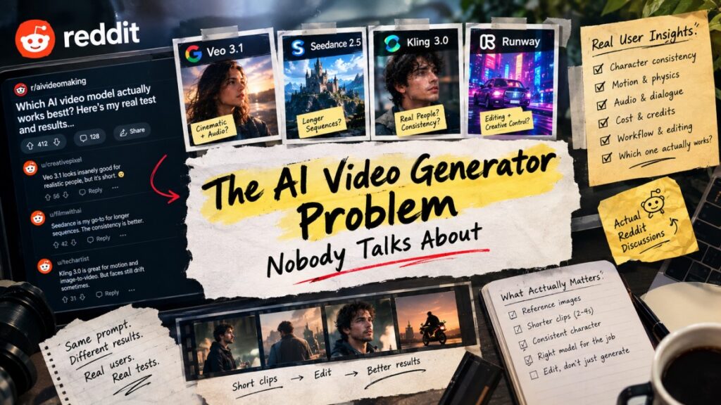 Reddit research collage comparing AI video generators, including Veo 3.1, Seedance 2.5, Kling 3.0, and Runway.