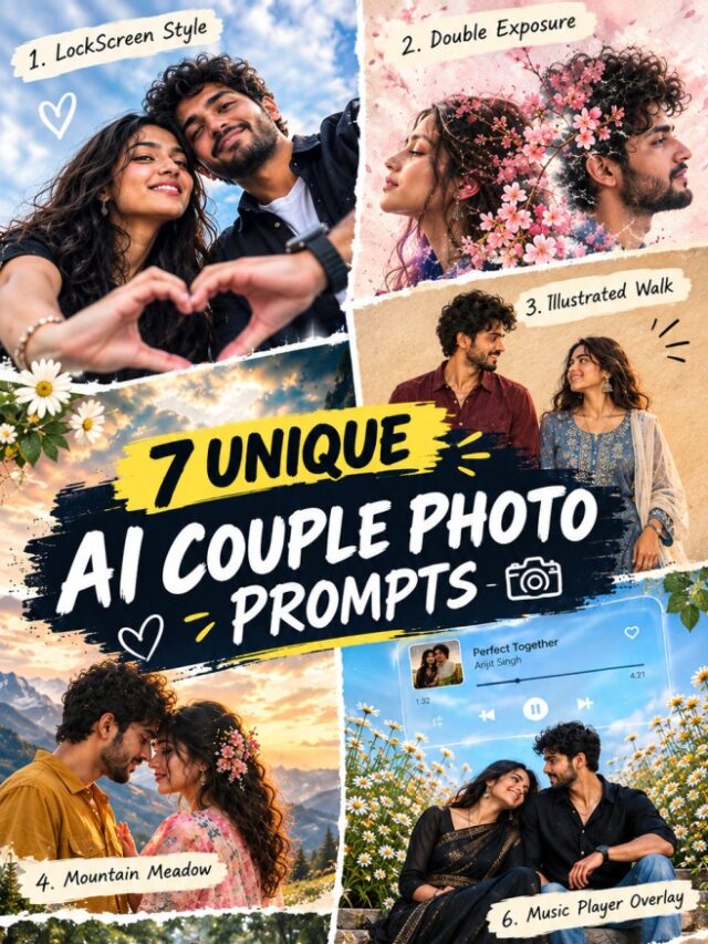 7 unique AI couple photo prompts showing creative romantic couple image styles