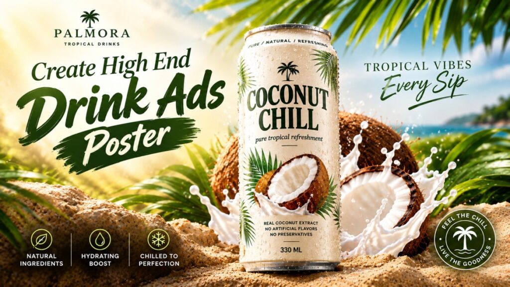 Premium tropical beverage poster created with an AI product advertising prompt