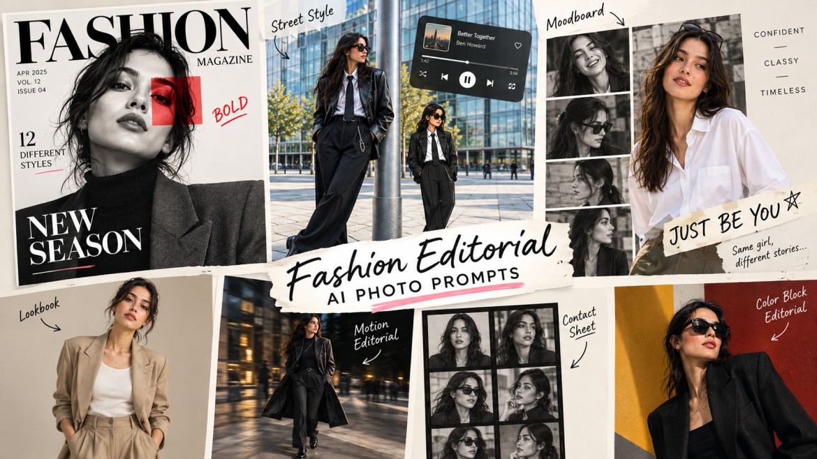 Fashion editorial AI photo prompts showing magazine cover, moodboard, street style and lookbook concepts