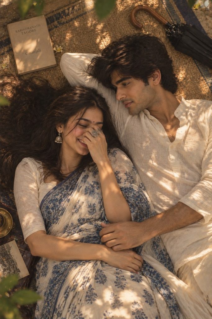 Pinterest inspired AI Couple Photo Prompts for chatgpt 5 4. Lying Down Laughing Couple