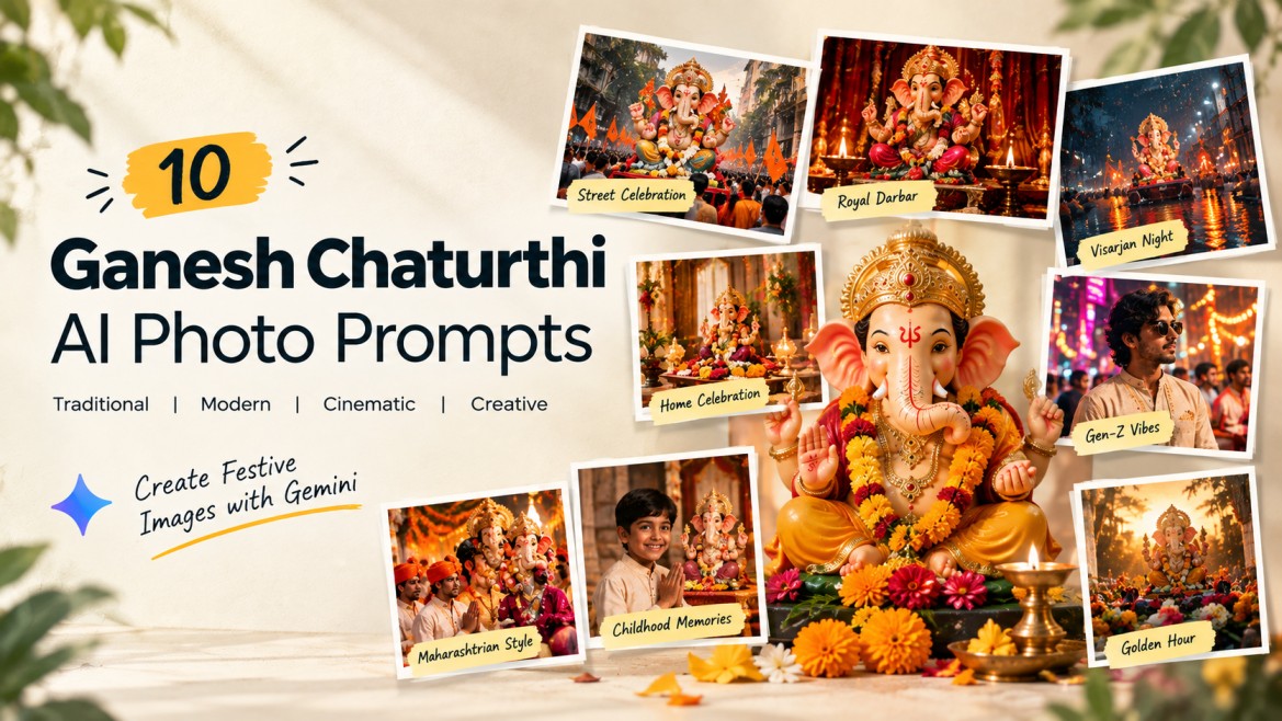 Ganesh Chaturthi AI image prompts featuring Lord Ganesha, festive decorations, devotees, and creative celebration scenes