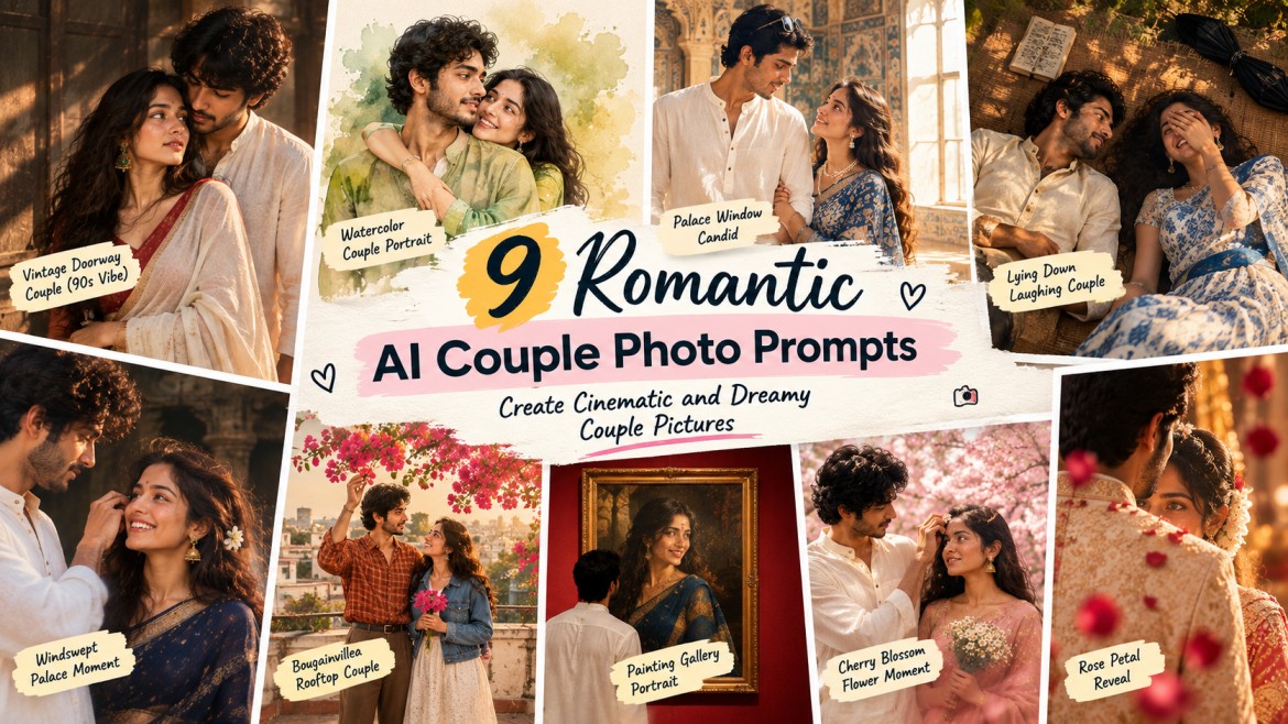 9 romantic AI couple photo prompts for vintage, cinematic, traditional and dreamy couple portraits
